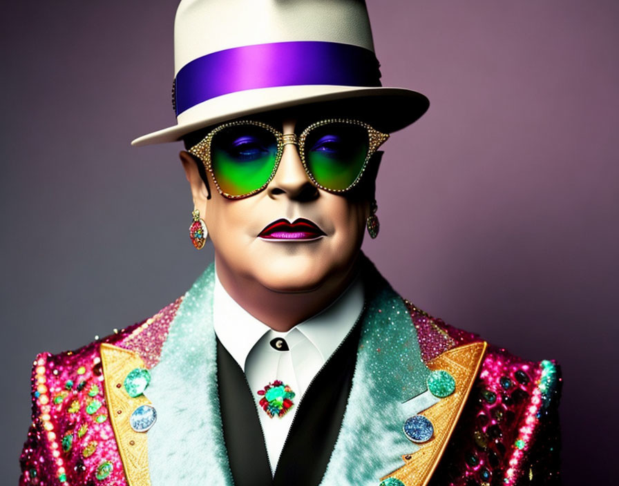 Colorful Outfit with White Hat, Purple Band, Green Sunglasses, Sequined Jacket