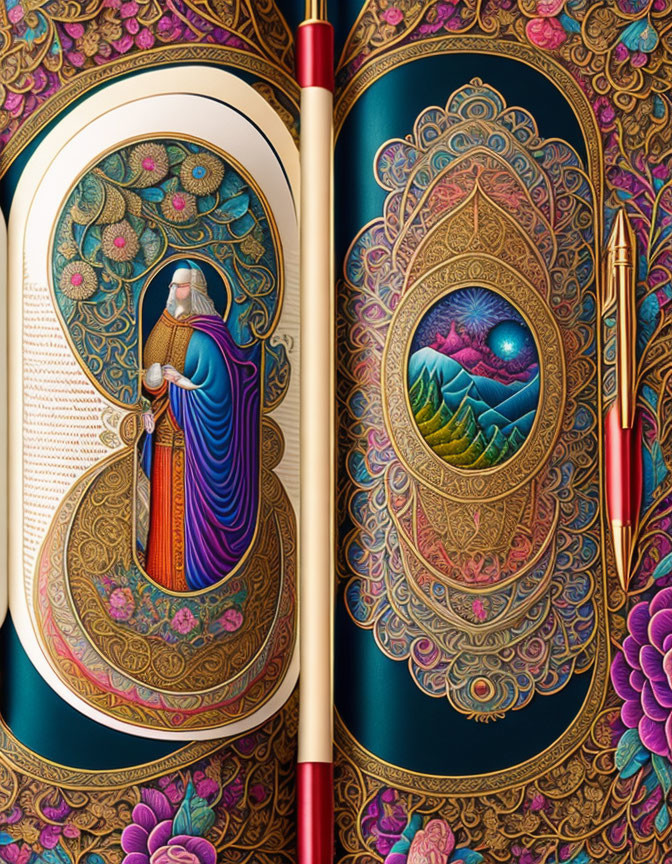 Ornate Book with Illuminated Letter "D" and Peacock Feather Designs