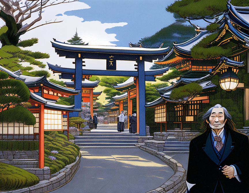 Elderly man in suit at Japanese torii gate with temples and trees