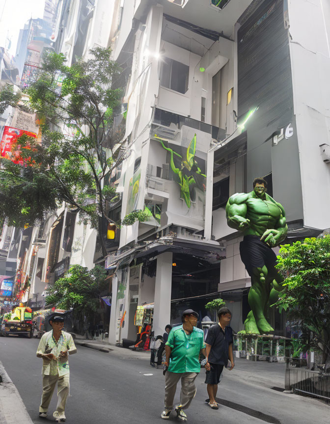 City street scene with pedestrians, Hulk statue, modern buildings, and trees