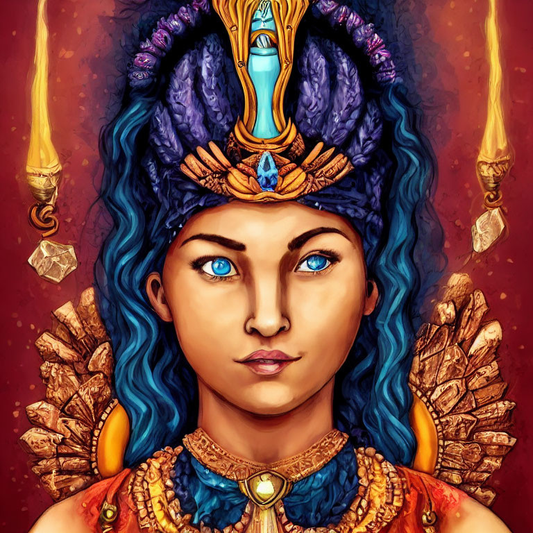 Detailed depiction of person with blue eyes in ornate headpiece with feathers, jewels, and candles on