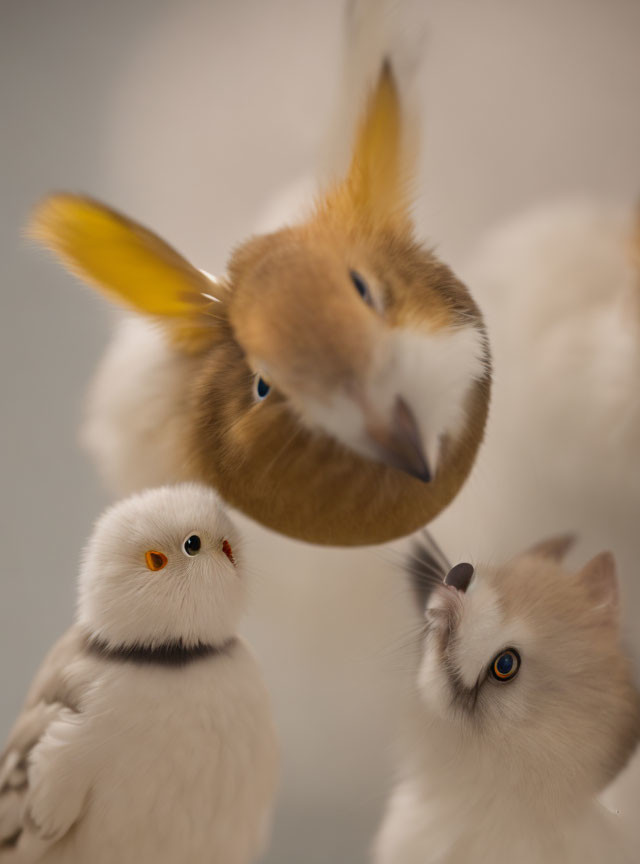 Three fluffy bird-like creatures in focus and background, facing different directions