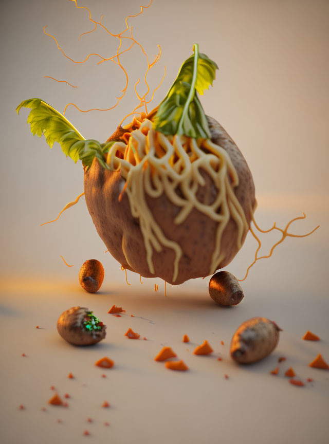 Illustration of walnut with noodles, greens, nuts, and shards under warm light