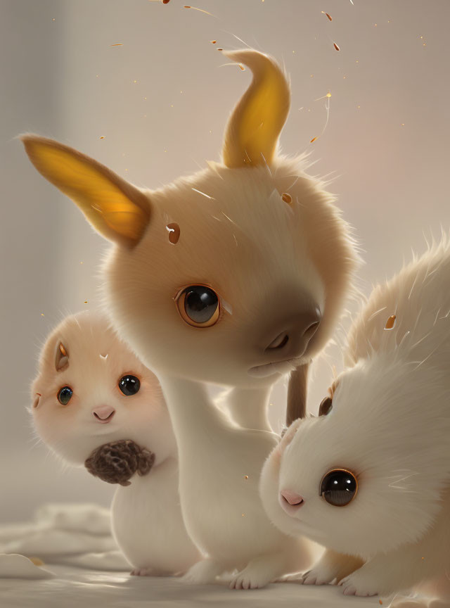 Three fluffy, adorable fictional creatures with big, glossy eyes in shades of white and beige, one with