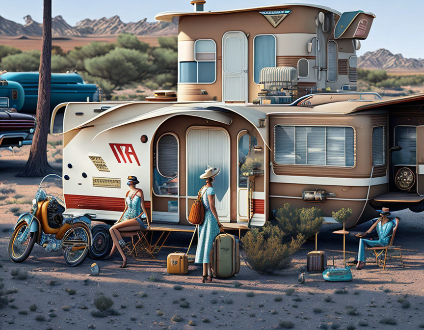 Vintage-themed illustration: Couple relaxing by classic caravan and motorcycle in desert.
