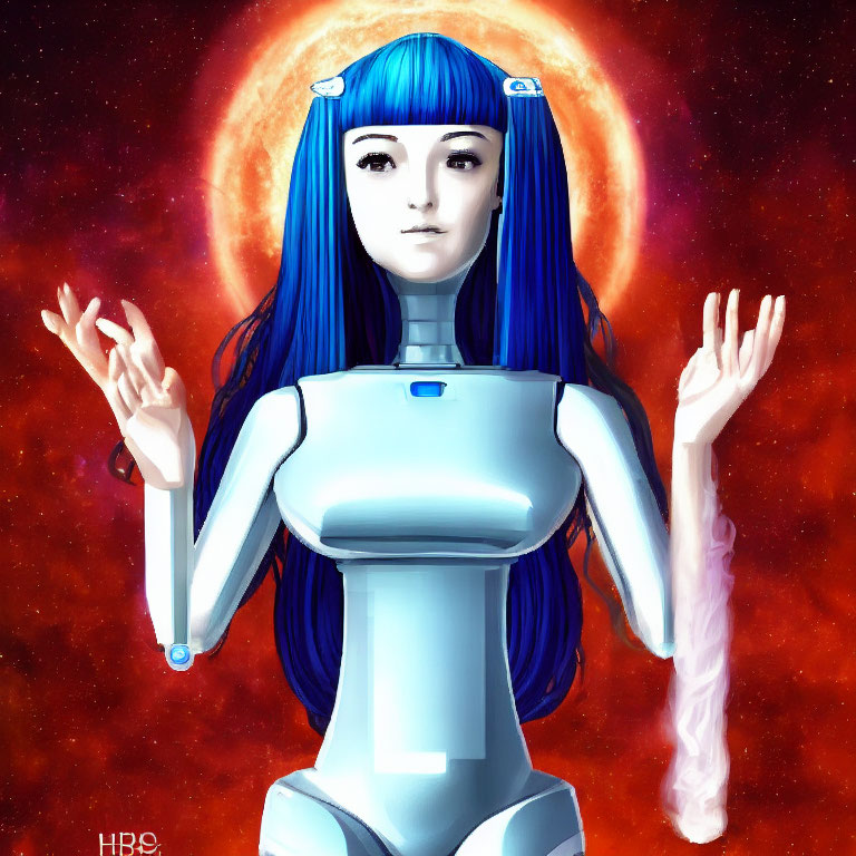 Blue-haired Female Android with Cosmic Background and Glowing Halo Ring