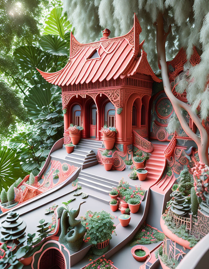 Illustration of Red Asian Pagoda in Lush Greenery