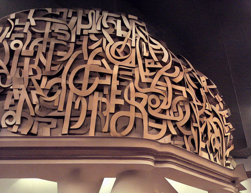 Intricate Wooden Sculpture with Calligraphic Designs on Pedestal