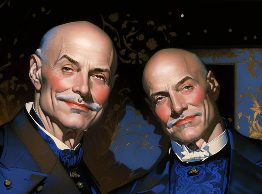 Two identical men with mustaches in formal attire, differing in expressions and backgrounds.