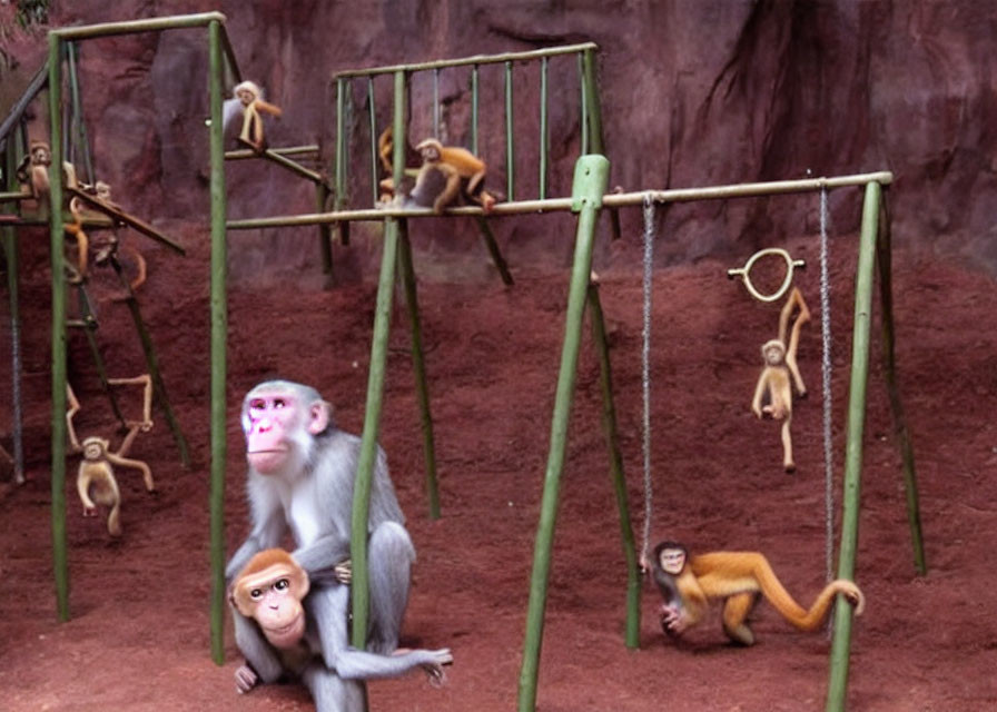 Various Sizes Monkeys Playing on Green Metal Structures in Reddish-Brown Enclosure
