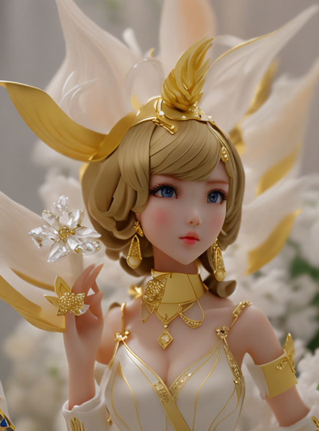 Character with Golden Accessories, Blue Eyes, Blonde Hair, and Feathery Wings