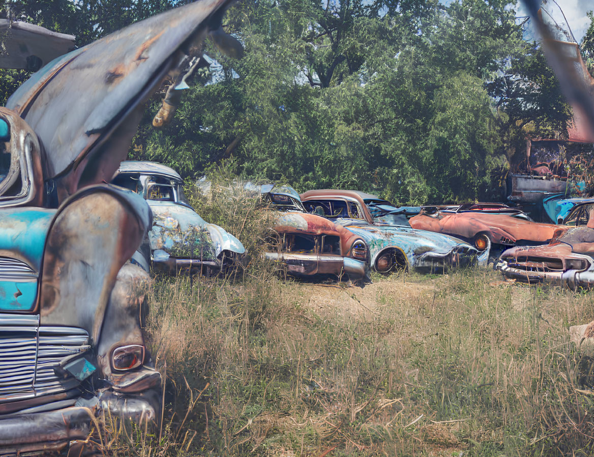 Abandoned vintage cars in field with open hoods, under tree-dappled sky