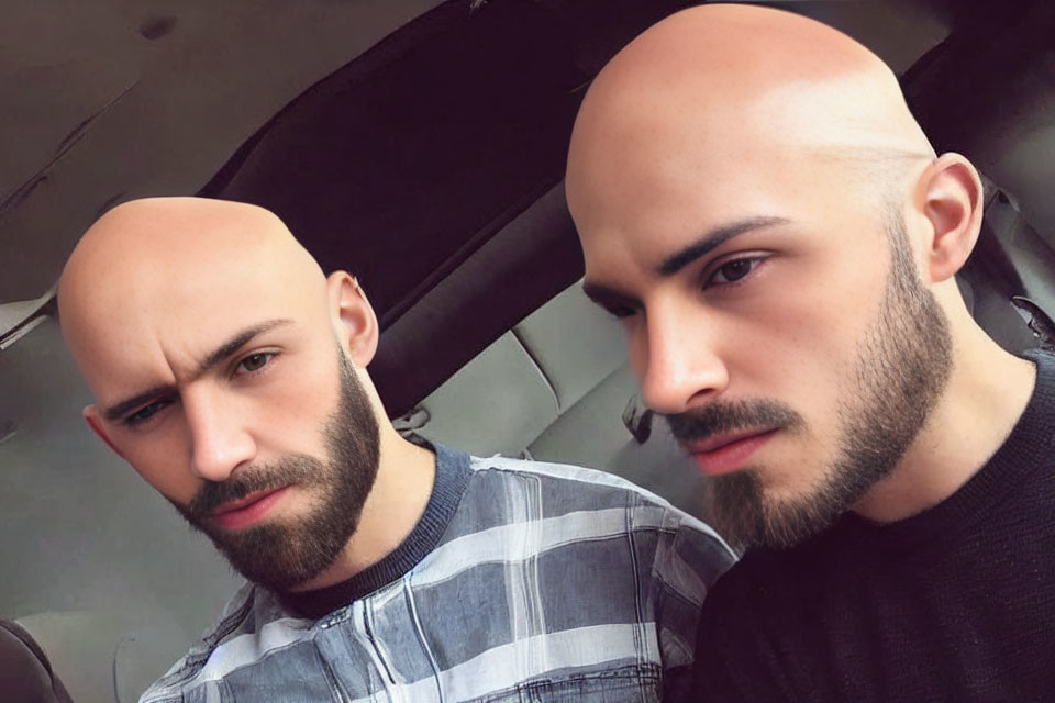 Two bald men with beards in a vehicle, one facing the camera and the other looking away