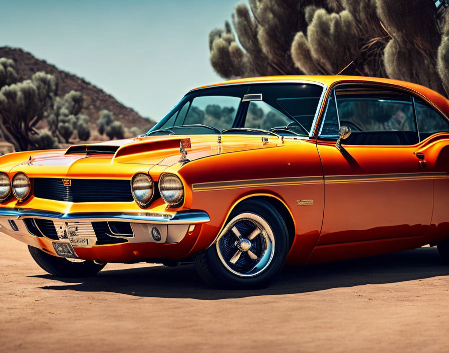 Classic Orange Muscle Car with Chrome Details and Racing Stripes Outdoors