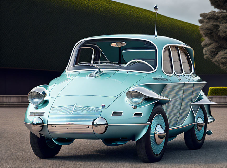 Vintage Turquoise Car with Futuristic Design and Fins Parked by Trimmed Hedge