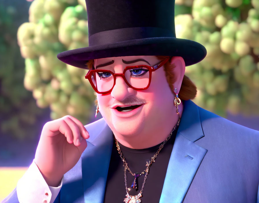 Cartoon character in top hat, red glasses, blue suit, gold necklace, and moustache
