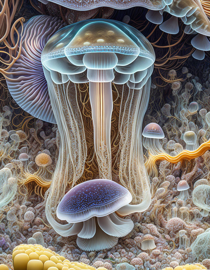 Intricate jellyfish art among colorful coral structures