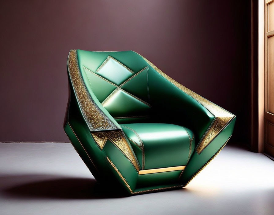 Contemporary Green Armchair with Geometric Design on Purple Background