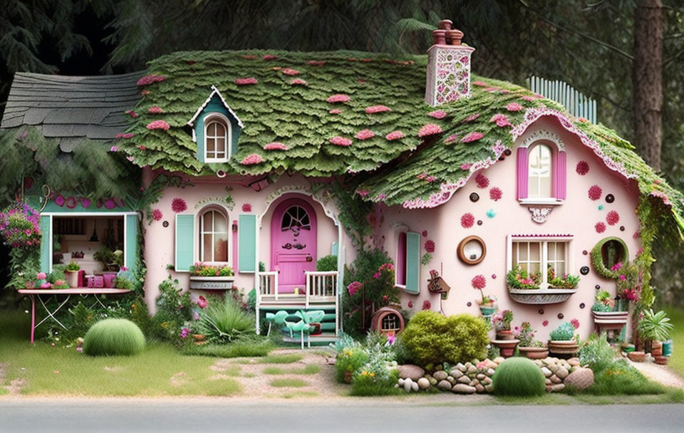 Charming whimsical cottage with moss-covered roof and pink floral walls