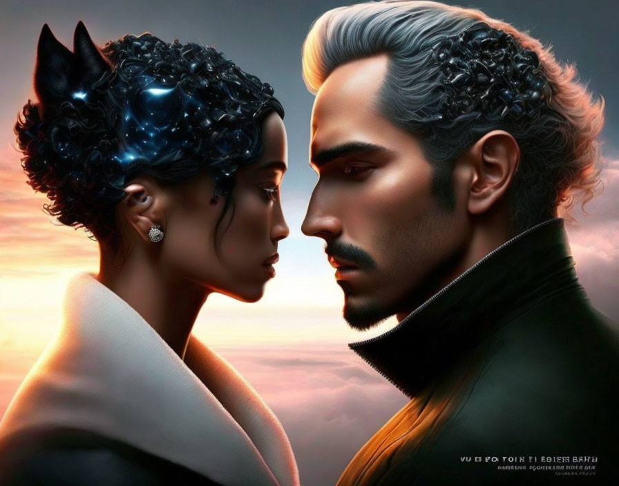 Fantastical side profile illustration of man and woman at sunset