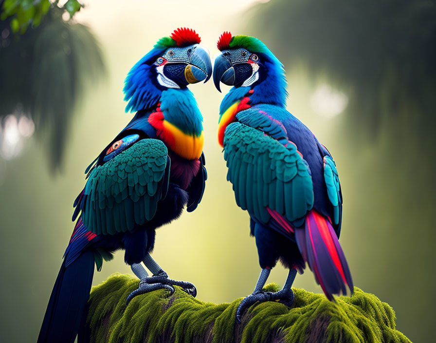 Colorful macaws perched on branch in vibrant image