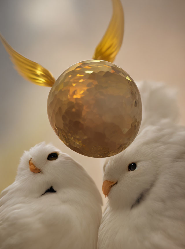 Two white birds with golden speckled orb and wings in soft-focus background