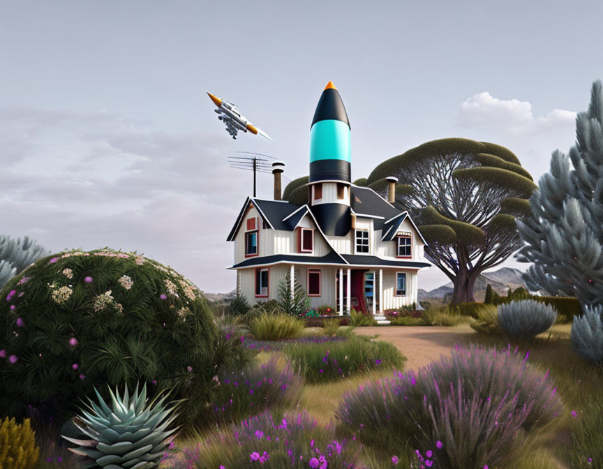 Rocket-shaped House Surrounded by Lush Vegetation and Flying Rocket
