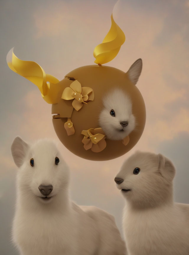 Three White Furry Creatures with Golden Flowers and Ribbons on Circular Object against Cloudy Sky