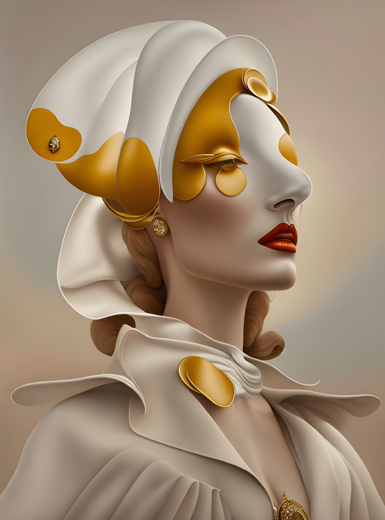 Digital portrait of woman in golden and white drapery with sculptural headdress