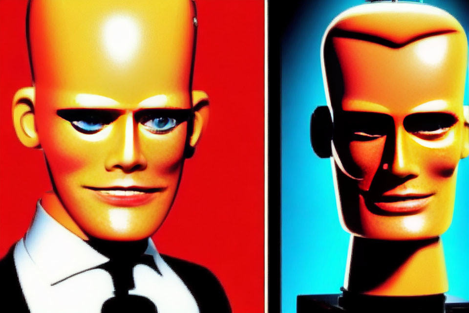 Stylized humanoid robots in formal attire on red and blue background