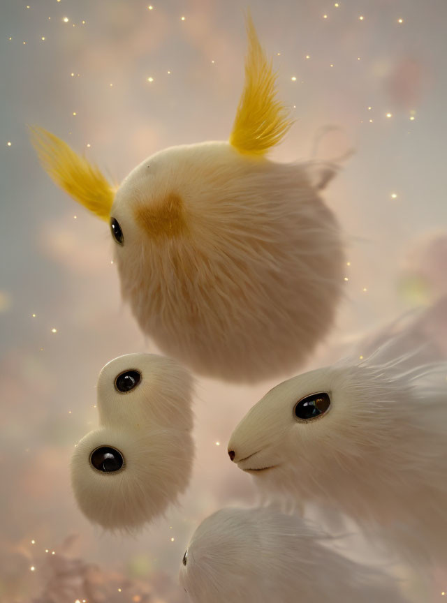 Three fluffy creatures with big eyes and yellow feathers in a starlit scene.