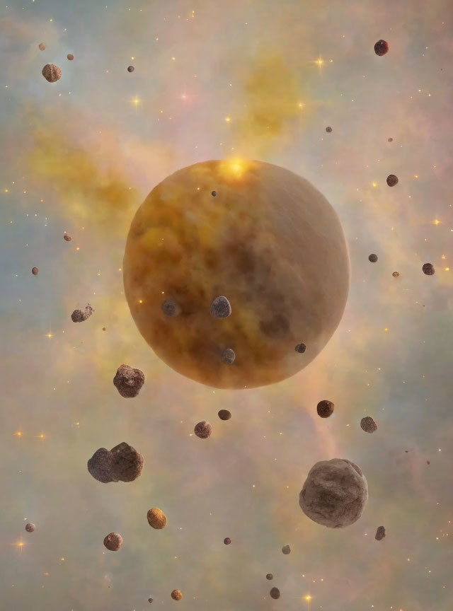 Brown planet surrounded by asteroids in vast cosmos.