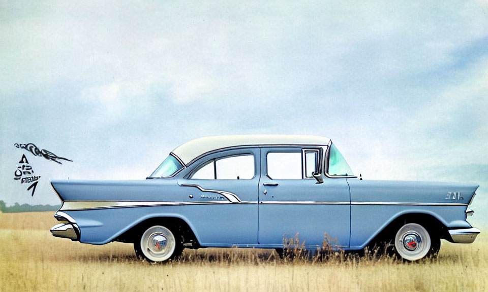 Vintage Blue Sedan Parked in Grassy Field with Winged Creature Drawing