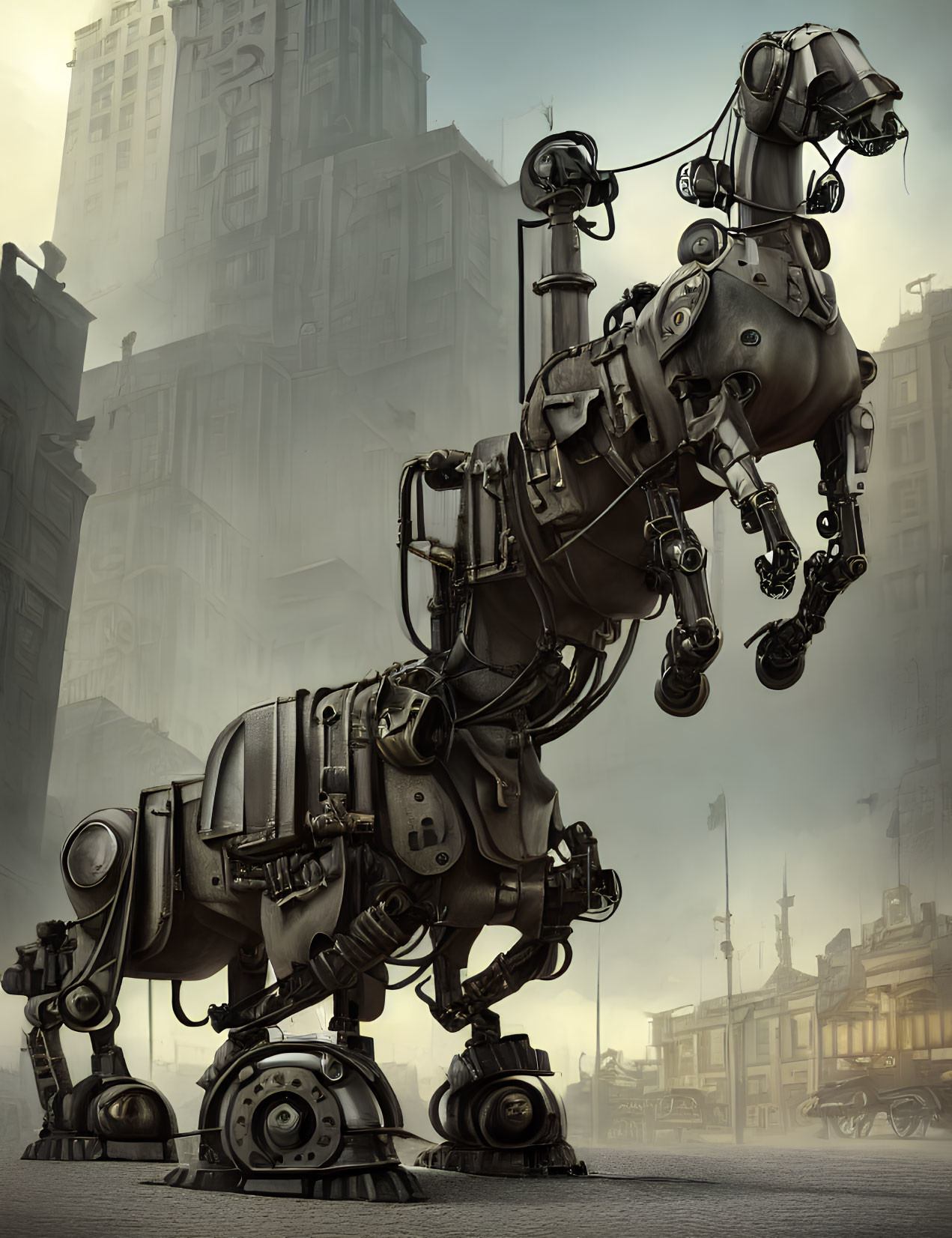 Intricate steampunk mechanical horse in urban foggy setting