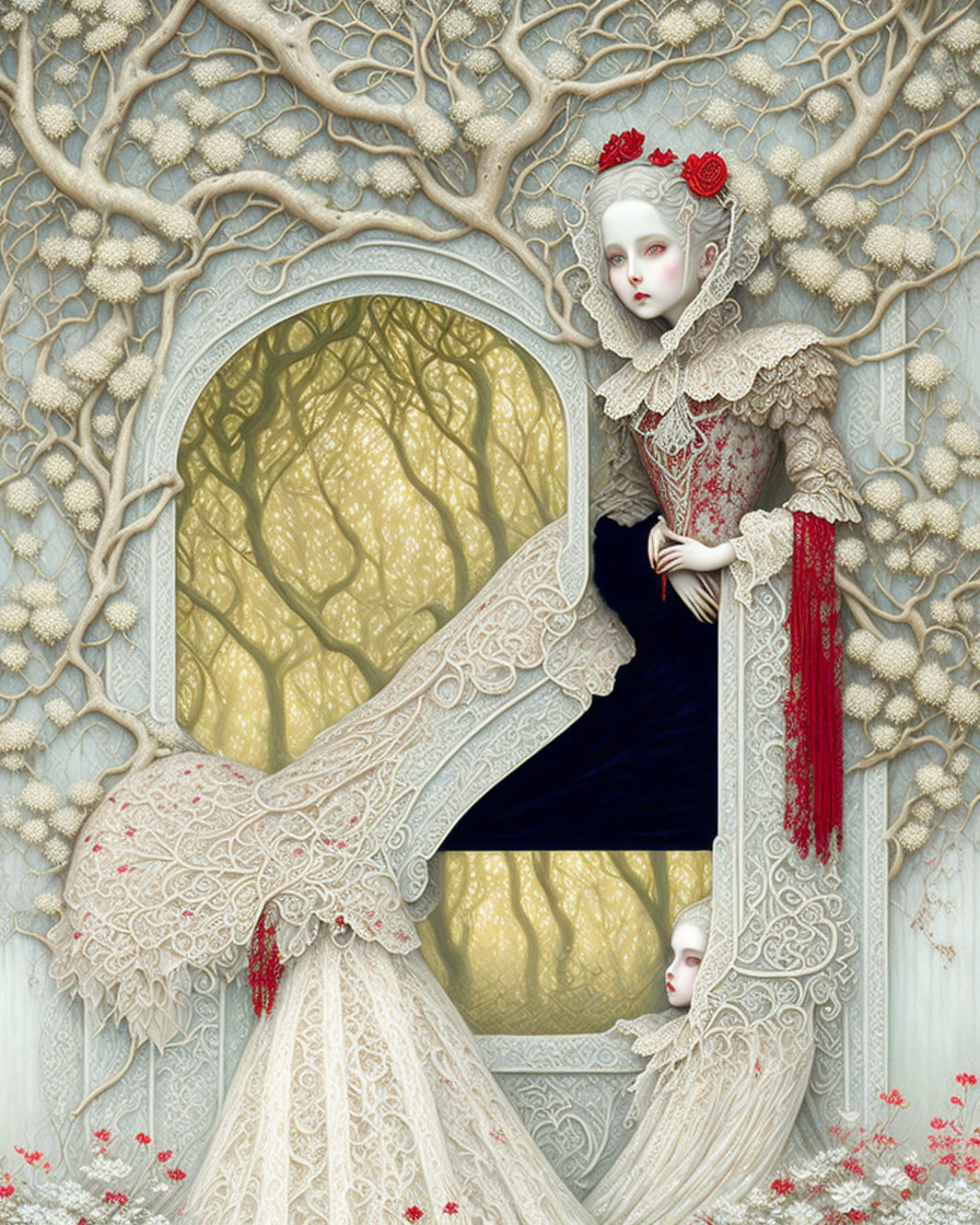 Pale figure in lace dress with roses, mirrored in whimsical archway.