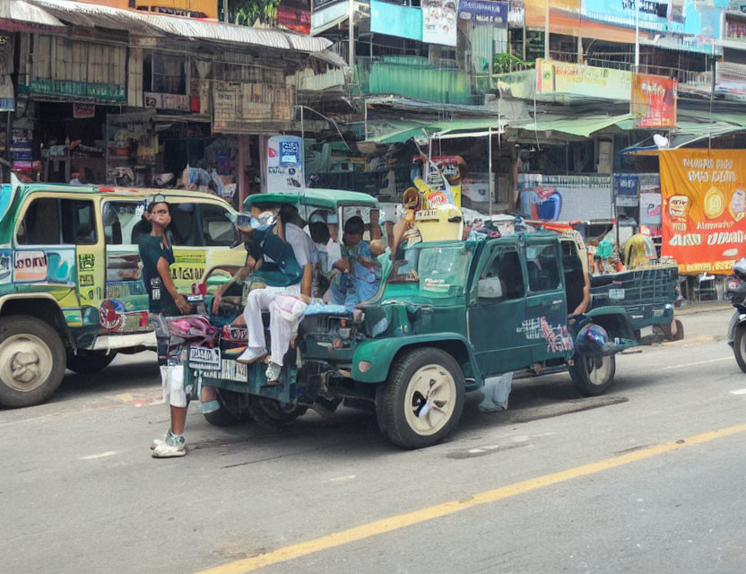 Group of People in Face Masks Riding Green Truck on Busy Street