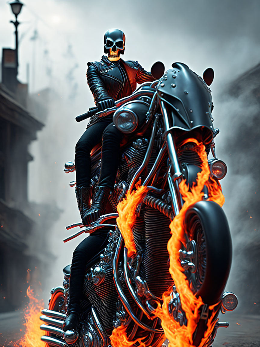 Flaming motorcycle with skull-helmeted rider in black outfit