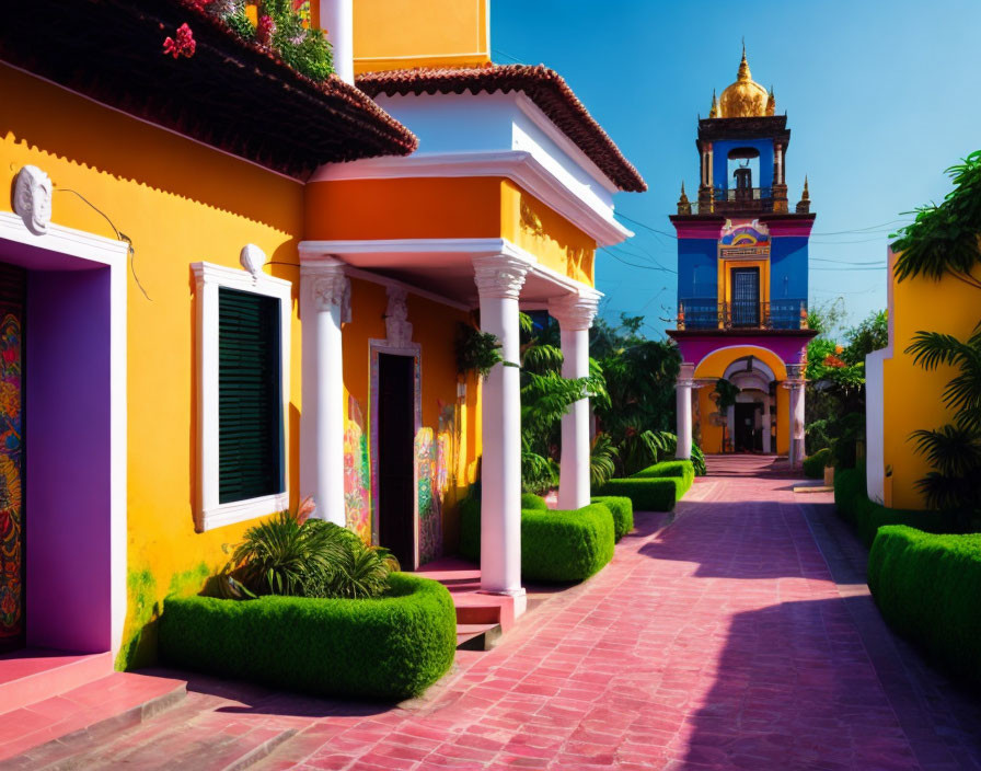 Colorful Colonial Architecture and Bell Tower in Vibrant Scene