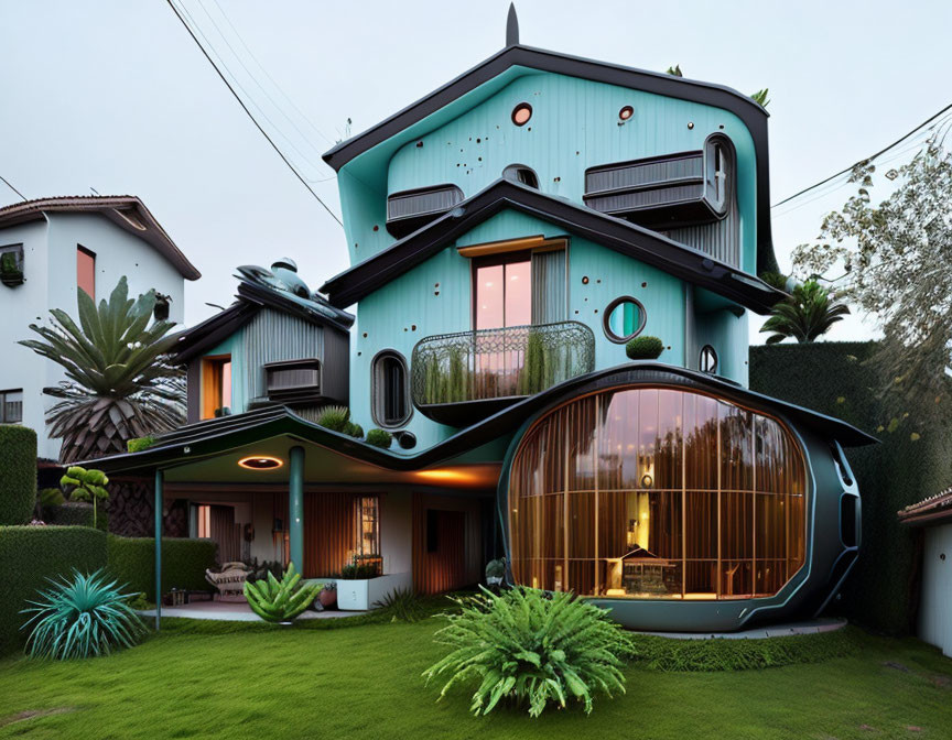Turquoise-Colored House with Organic Architecture and Large Windows