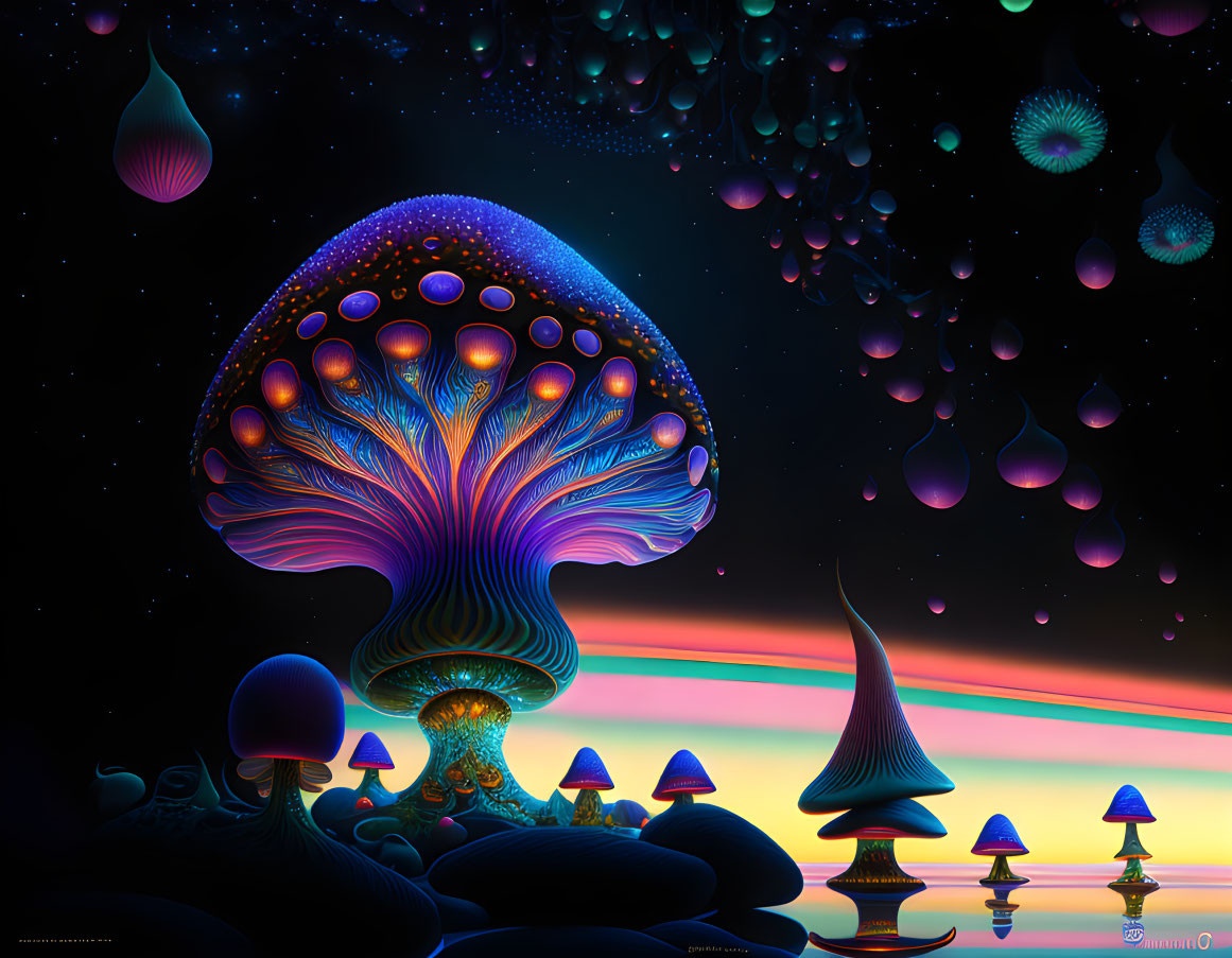 Surreal artwork: Neon-lit bioluminescent mushroom forest