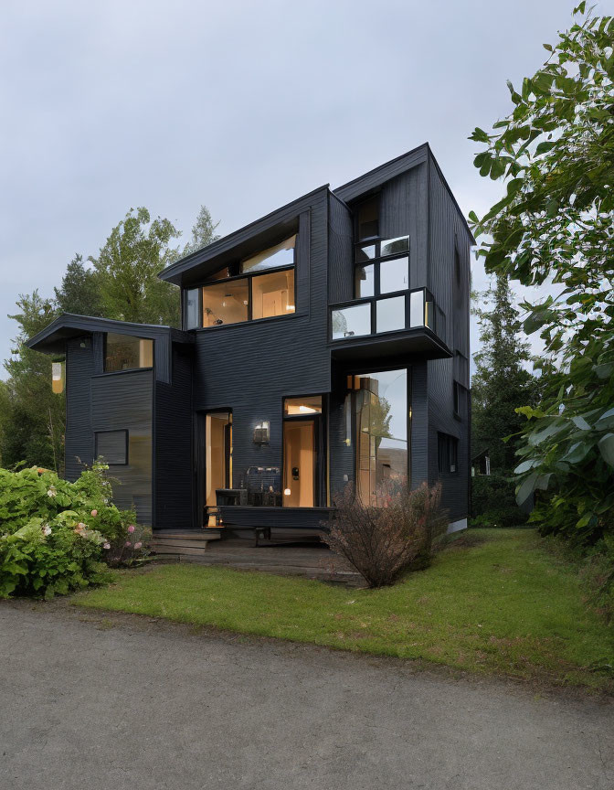 Contemporary two-story black house with large windows and balcony in evening light