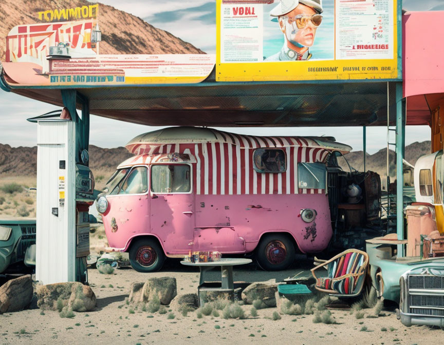 Vintage Pink and White Camper Van Diner in Desert Setting