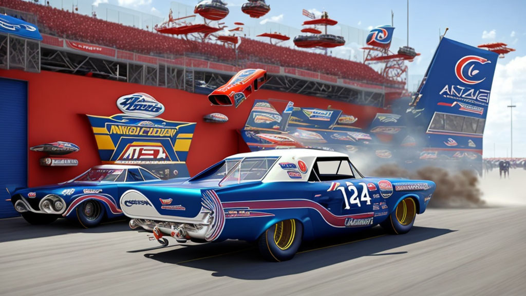 Dynamic Animated Racing Scene with Blue Race Cars and Spectators