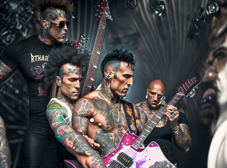 Four tattooed musicians playing electric guitars with intense expressions on concert stage with dynamic lighting