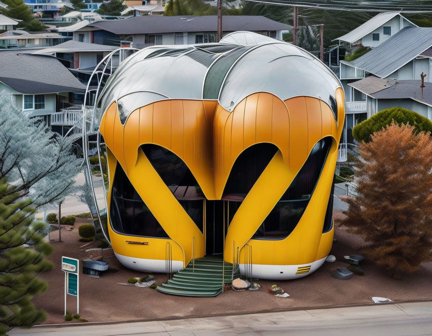 Yellow and Silver Cartoon Face Building Among Residential Houses