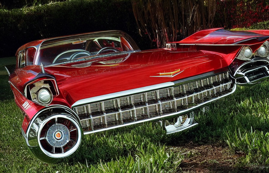 Digitally altered surreal red Cadillac with exaggerated features