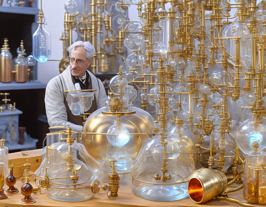 Old alchemist Isaac Newton in his steampunk lab