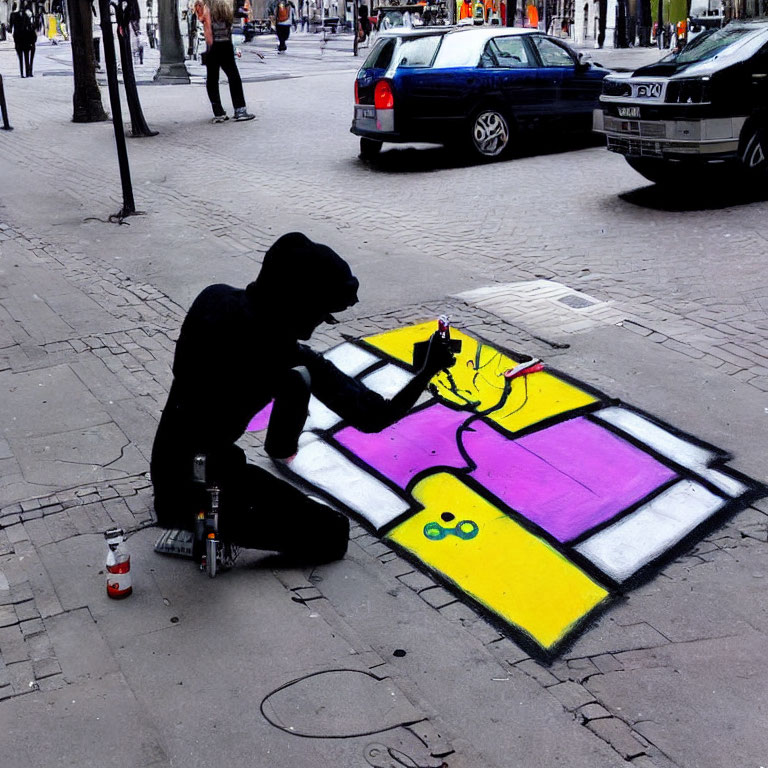 Street artist spray paints colorful mural on city sidewalk