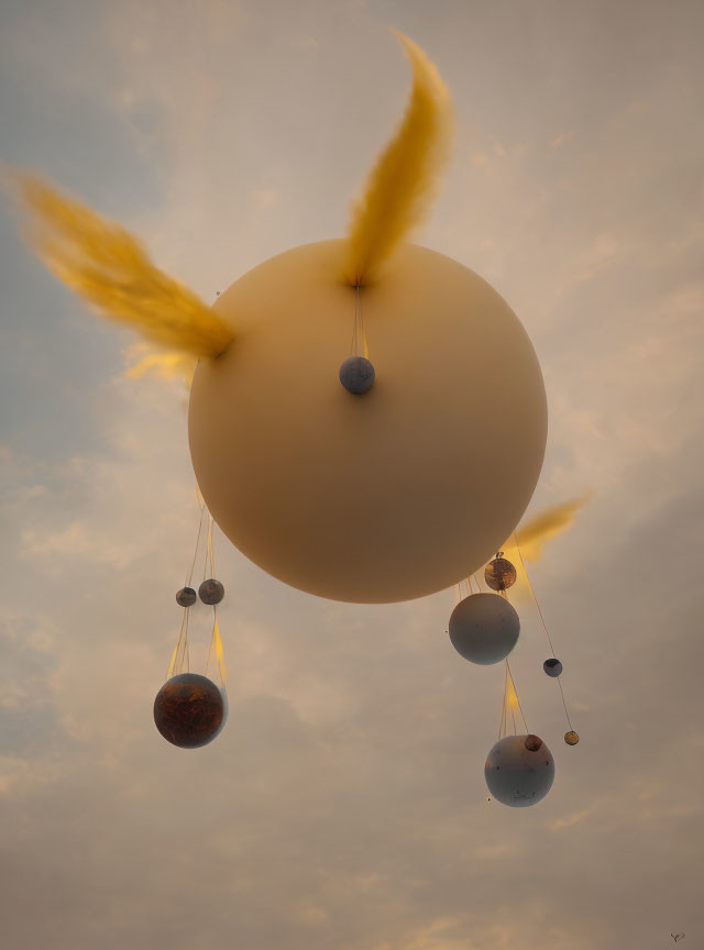 Large beige sphere with smaller spheres against cloudy sky and yellow streaks.