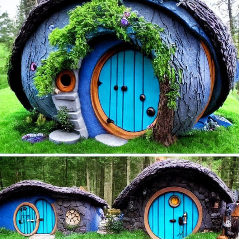 Whimsical hobbit-like house in lush green forest with round blue door